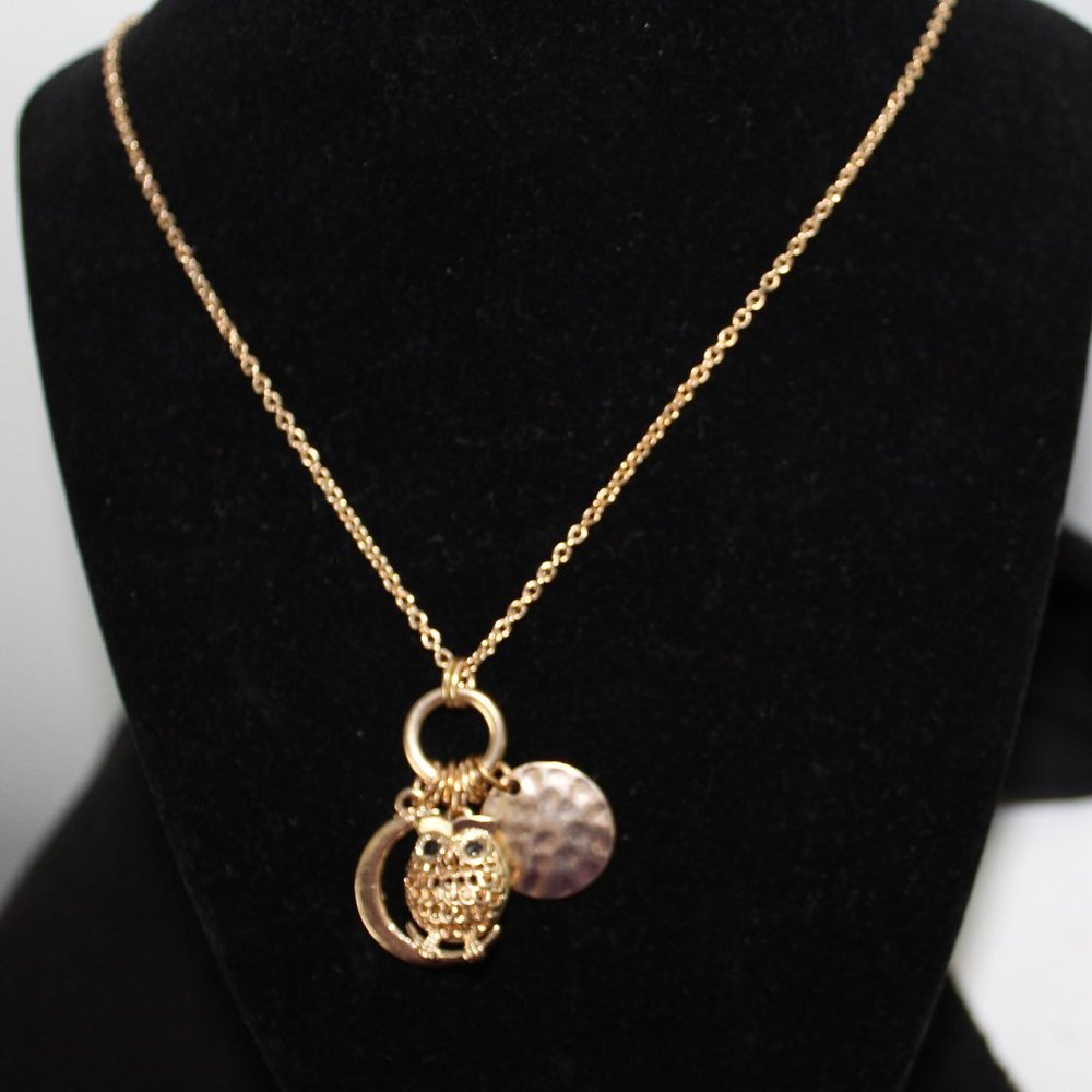 Gold Tone Charm Necklace OWL Quarter Moon Long Chain